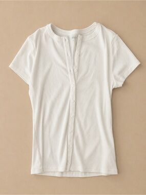 Quince Organic Cotton Micro-Rib Button Tee Soft White Size Small
